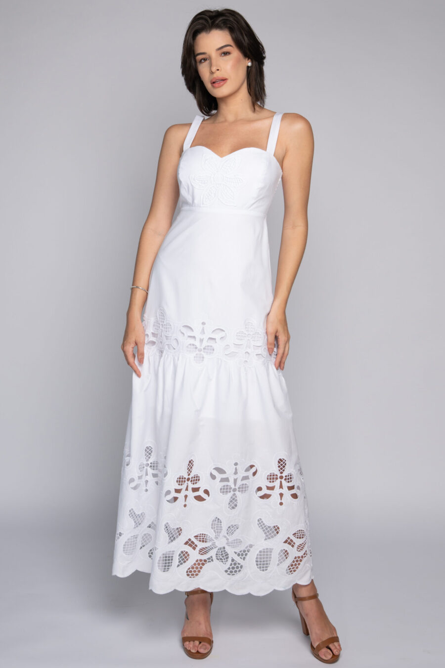 Vestido longo em algodão bordado branco - TAÍSA