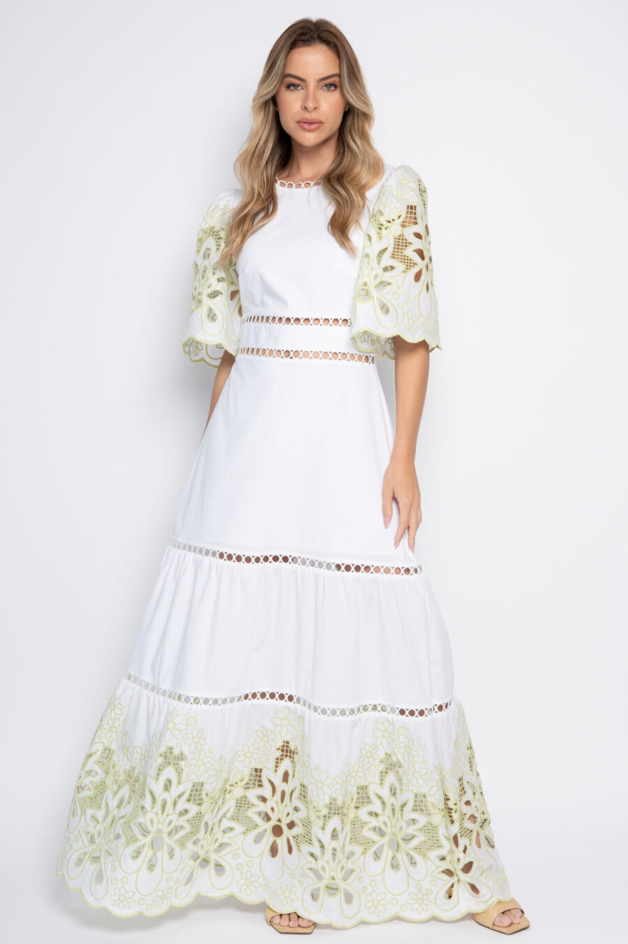 VESTIDO CRISTINA - Branco bordado verde - Imagem 2