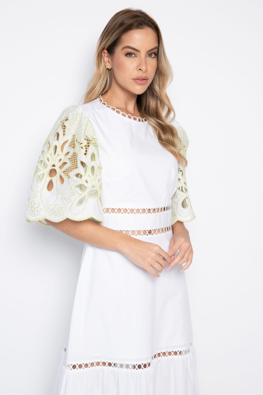 VESTIDO CRISTINA - Branco bordado verde - Imagem 3