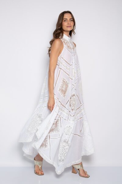 Vestido branco longo bordado em Richelieu - Soraia