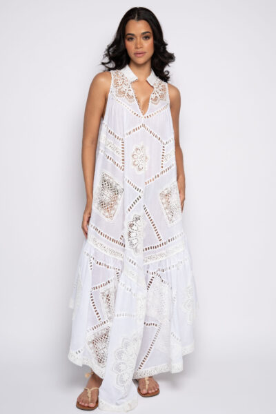 Vestido branco longo bordado em Richelieu - SORAIA