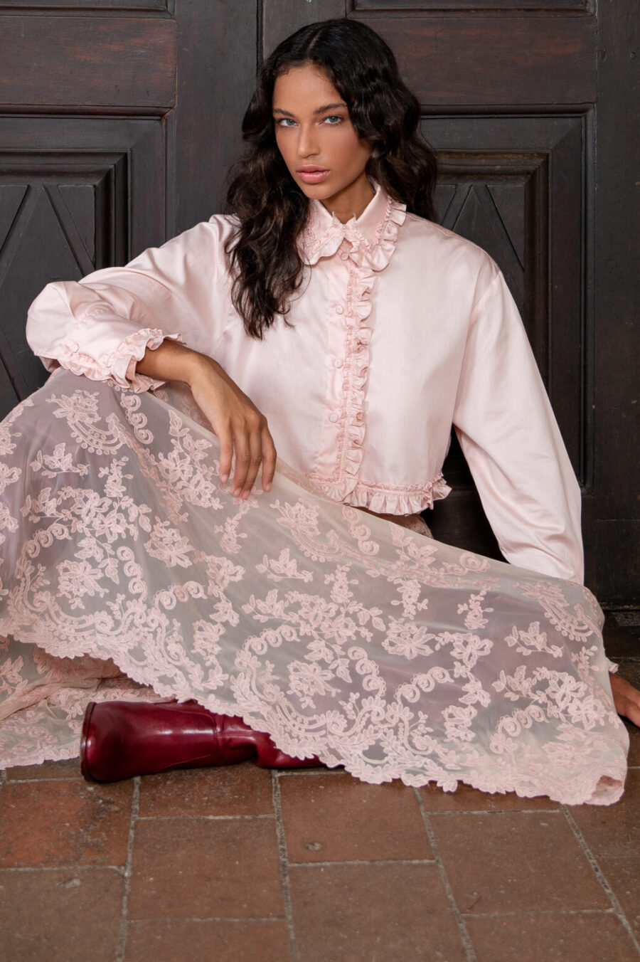 Camisa Cropped Romântica Rosa Blush- Tuane - Image 3