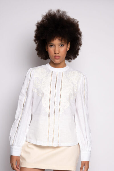 Camisa em Linho com Bordado Frontal - ROSE BRANCO