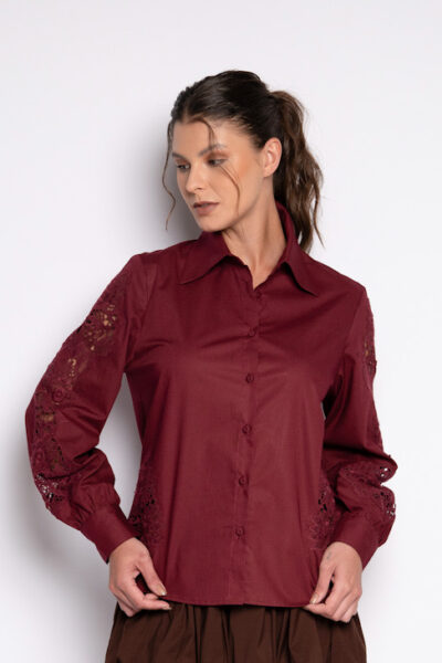 Camisa com bordado guipir nas mangas - PAMELA Cabernet