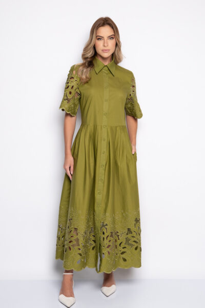 Vestido com bordado richelieu verde Glow - Paola
