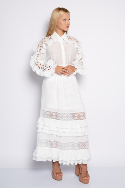 Saia midi com bordados e babados off white - VÂNIA