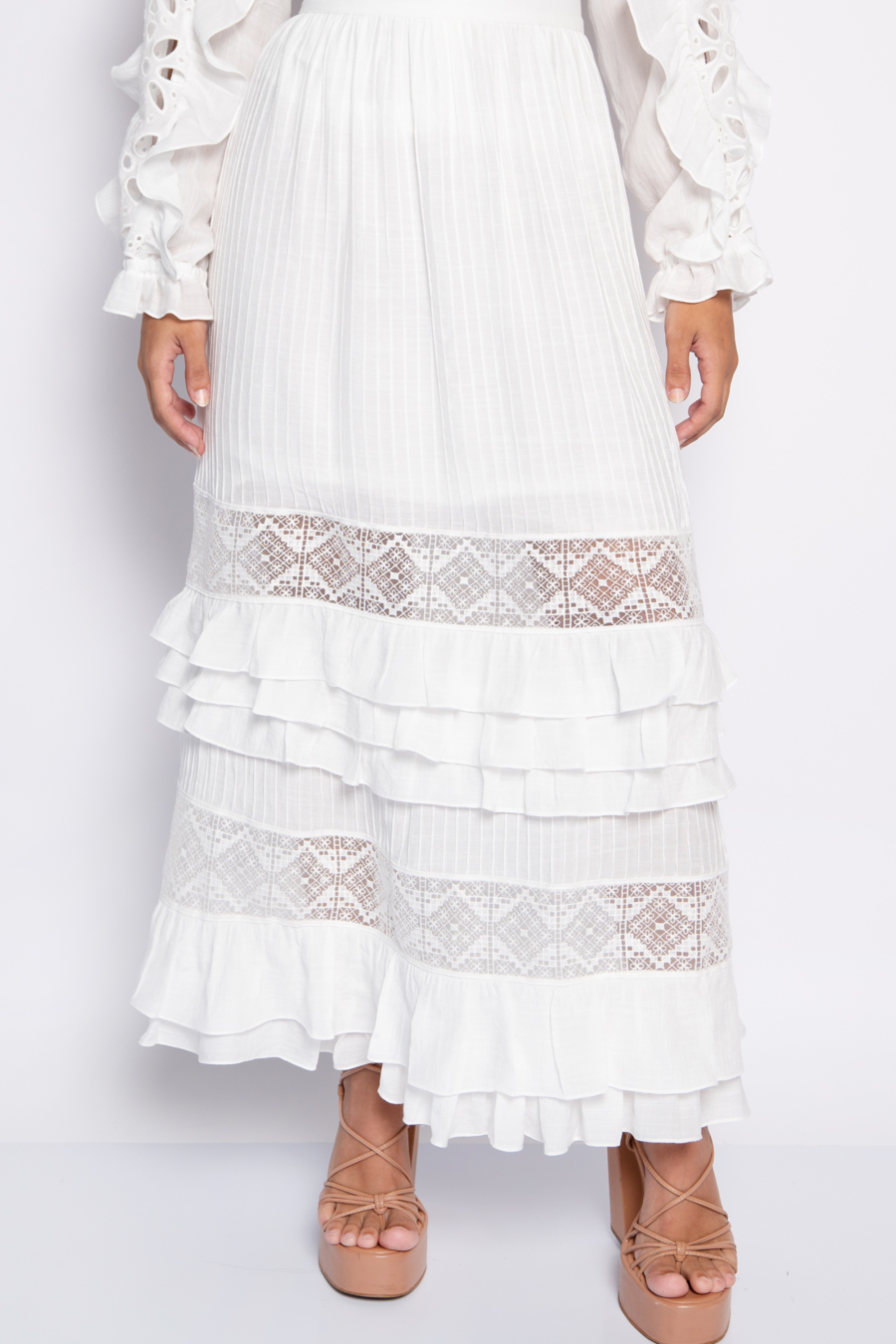 Saia midi com bordados e babados off white - VÂNIA - Image 2