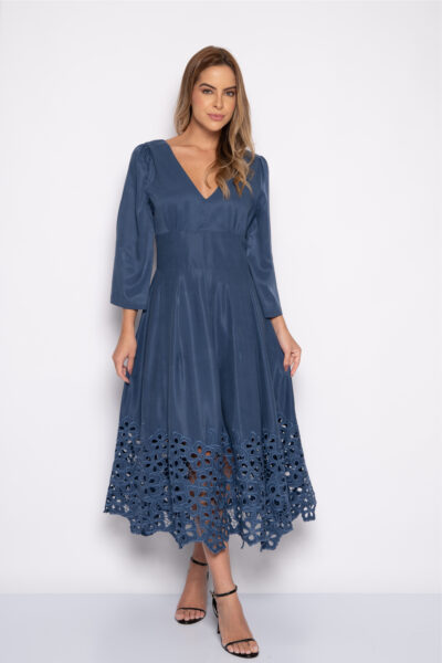 Vestido com decote em V azul marinho - TAMIRES