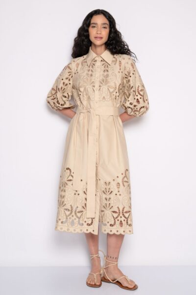 Vestido em Algodão Bordado Richelieu Caqui - MARGARIDA