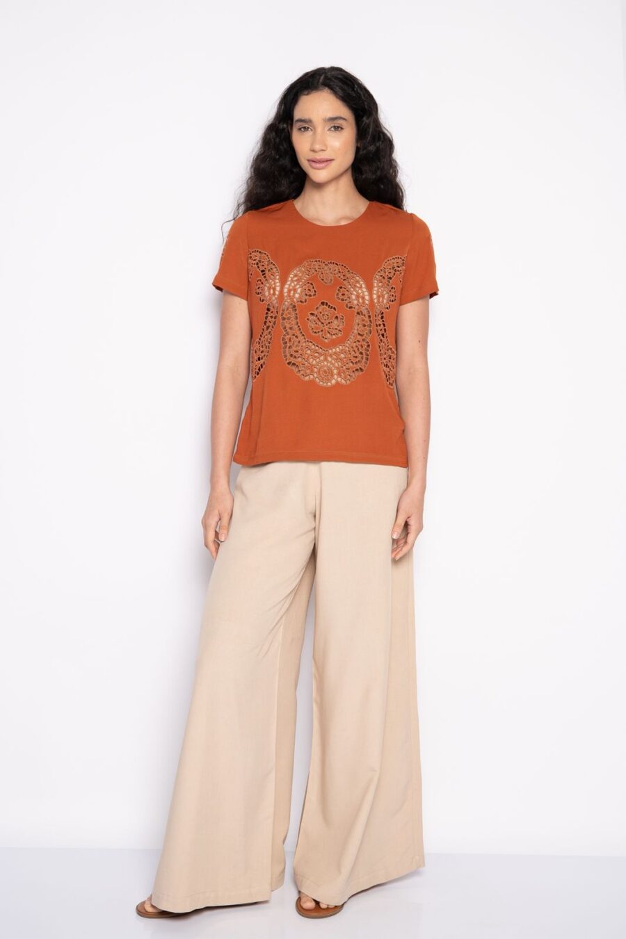 Blusa Bordada em Richelieu Manga Curta Canela - Arlete - Imagem 2