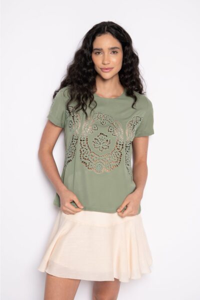 Blusa Bordada em Richelieu Manga Curta Verde - Arlete
