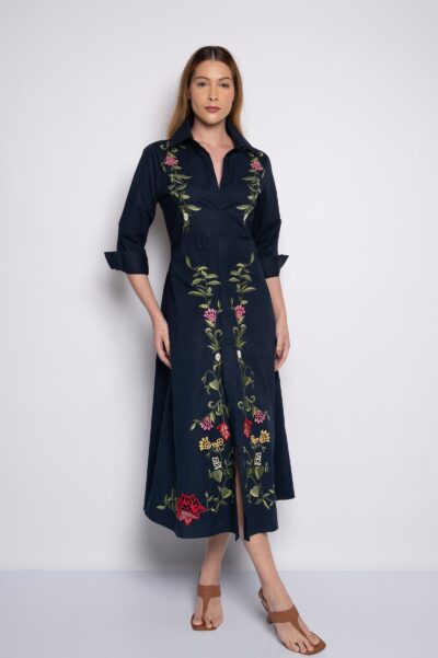 Vestido midi com mangas longas azul marinho - Valquíria