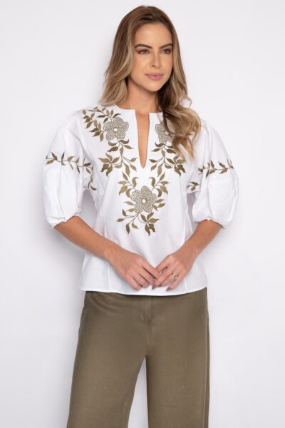 Blusa bordada com manga bufante branca - Cleo