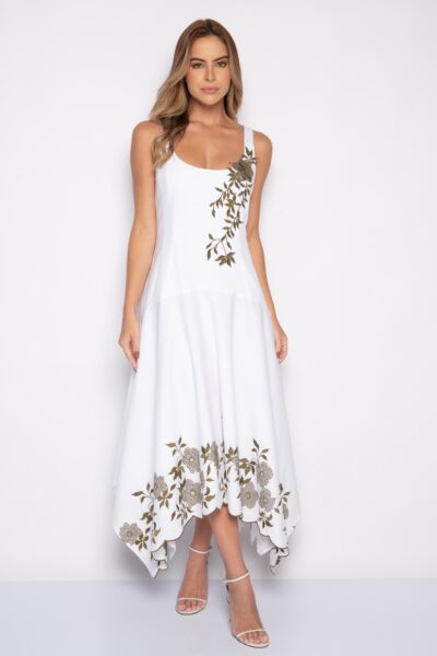 Vestido midi assimétrico bordado com alça branco - Joana