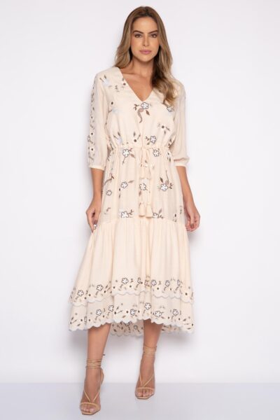 Vestido midi bordado com amarração na cintura creme - Denise