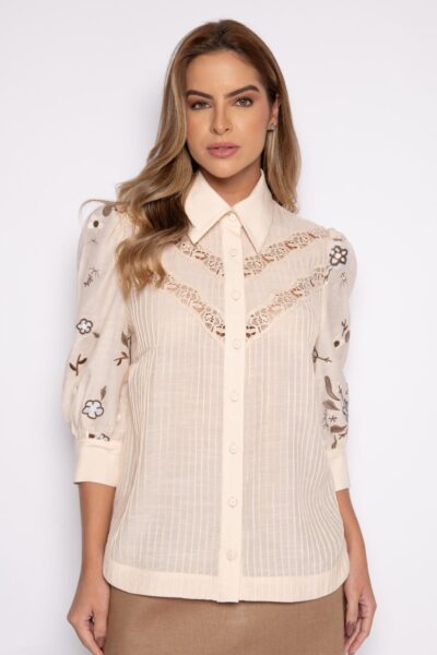 Camisete bordada com nervura e manga 3/4 creme - Fabiana