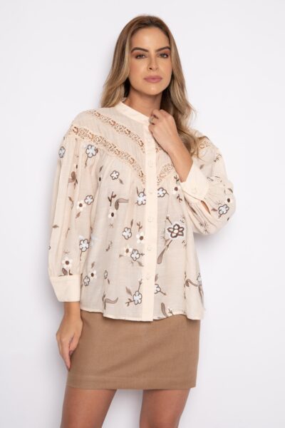 Camisa bordada com manga 3/4 Bufante creme - Zilú