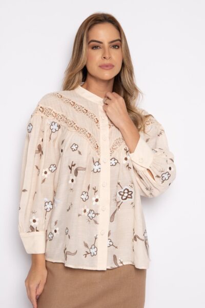 Camisa bordada com manga 3/4 Bufante creme - Zilú