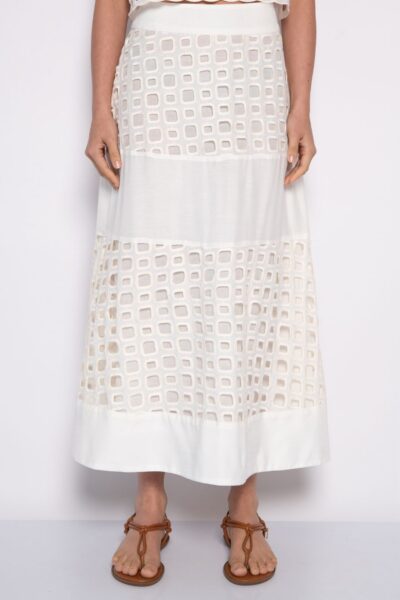 Saia midi godê bordada com zíper off white - Carlota