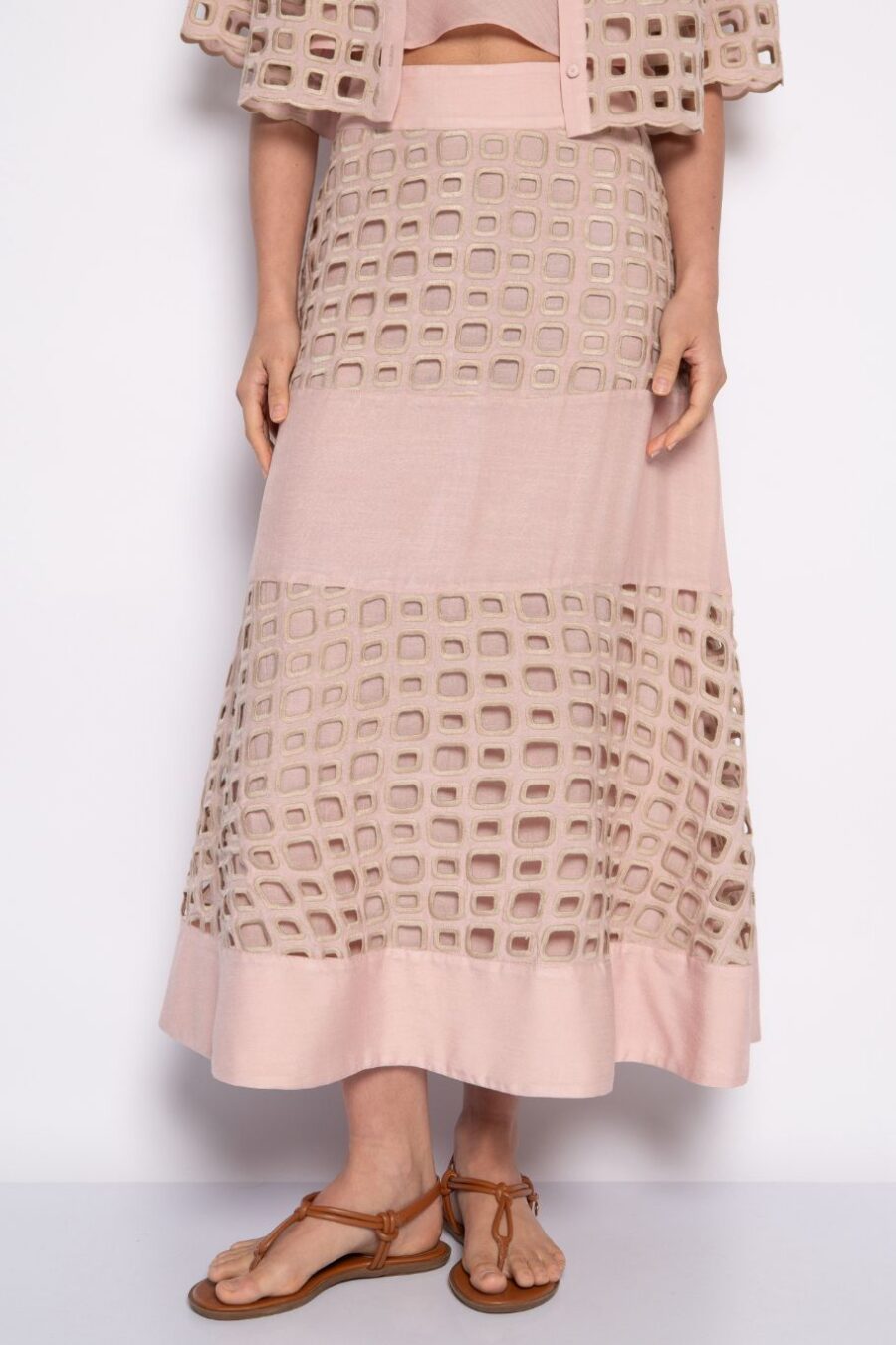 Saia midi godê bordada com zíper rosa - Carlota