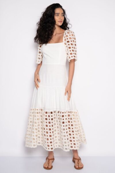 Vestido midi bordado com mangas bufantes off white - Eduarda