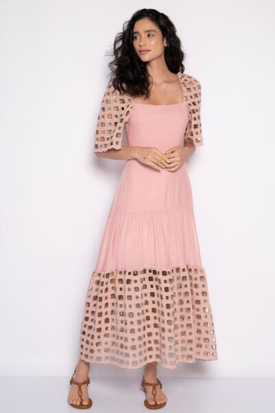 Vestido midi bordado com mangas bufantes rosa - Eduarda