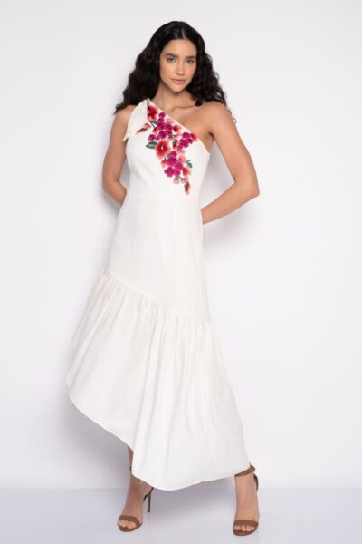 Vestido midi assimétrico bordado ombro só off white - Eliane