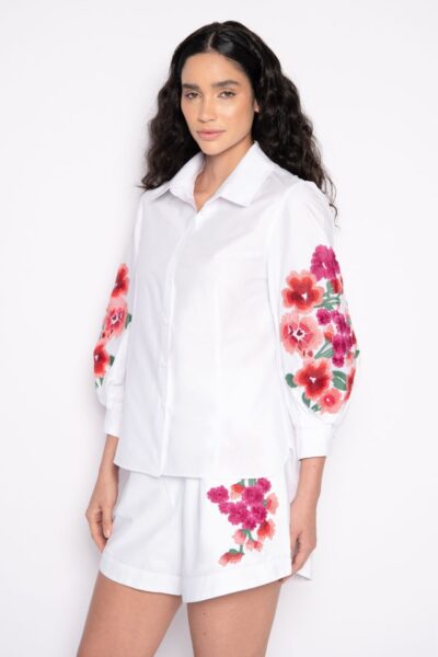 Camisete bordada com mangas 7/8 branca - Carolina