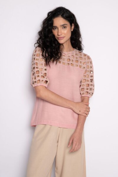 Blusa bordada com mangas bufantes rosa/caqui - Cibele