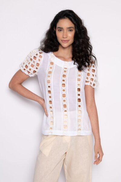 Blusa bordada com mangas curtas bufantes branco/bege - Léia
