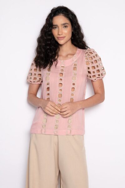 Blusa bordada com mangas curtas bufantes rosa/caqui - Léia