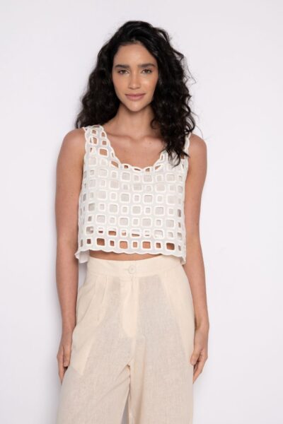 Cropped bordado com decote em U off white - Carmem
