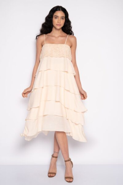 Vestido midi bordado com babados e alças creme - Bruna