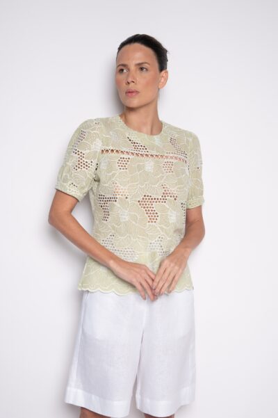 Blusa Bordada com Mangas Curtas Verde - Shirley