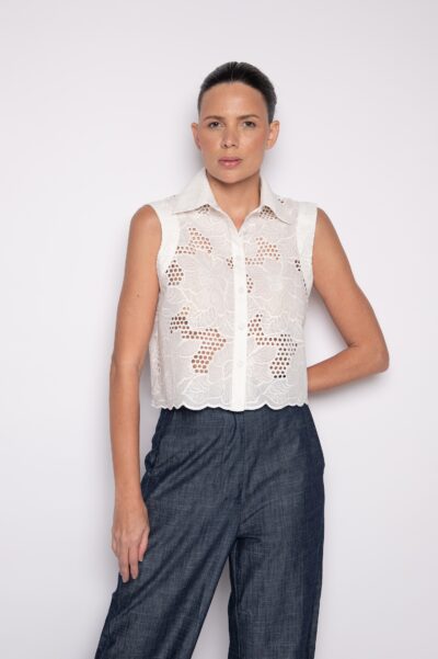 Camisa Cropped Cavada Bordada Off White - Keila