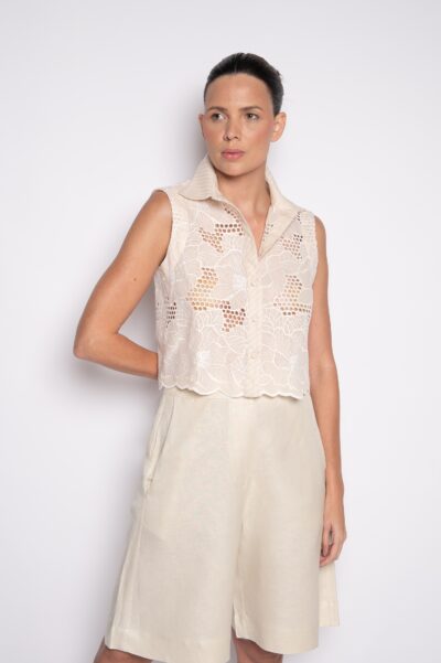 Camisa Cropped Cavada Bordada Bege - Keila