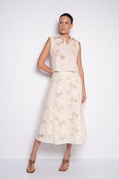 Camisa Cropped Cavada Bordada Bege - Keila