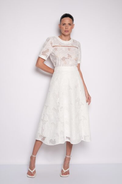 Saia Midi Godê Bordada Off White - Samanta