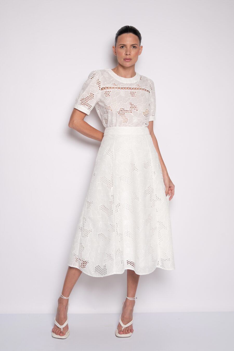 Saia Midi Godê Bordada Off White - Samanta