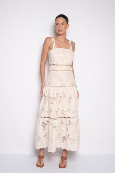 Vestido Midi com Alça e Decote Quadrado Bege - Vitória