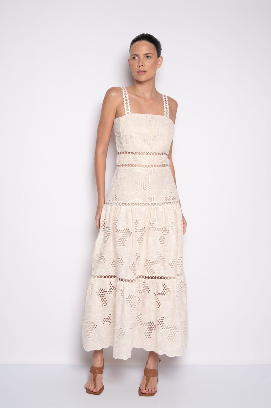 Vestido Midi com Alça e Decote Quadrado Bege - Vitória