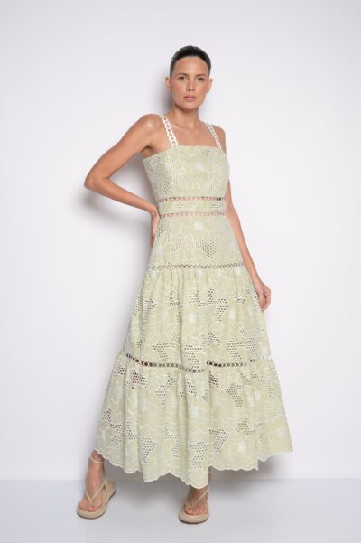 Vestido Midi com Alça e Decote Quadrado verde - Vitória