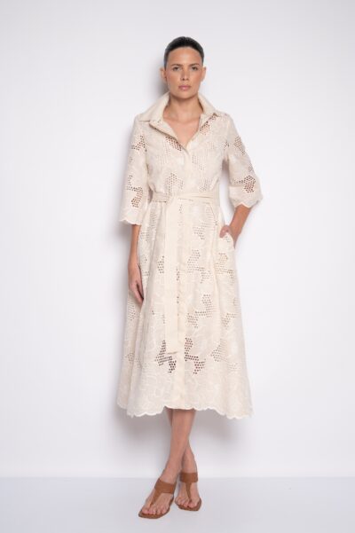 Vestido Bordado Midi com Gola Tradicional e Mangas 3/4 Bege - Cristina