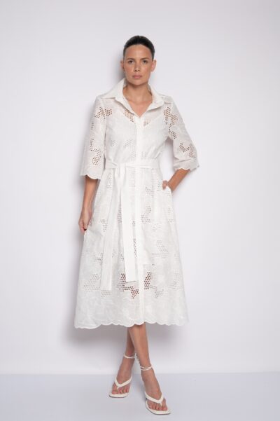 Vestido Bordado Midi com Gola Tradicional e Mangas 3/4 Off White - Cristina