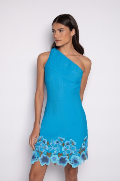Vestido curto bordado ombro só Azul - Edith