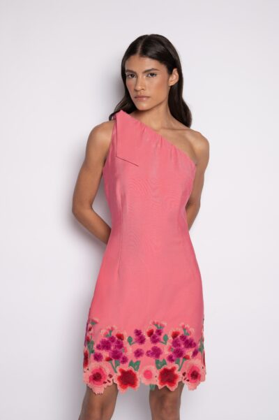 Vestido curto bordado ombro só Rosa - Edith