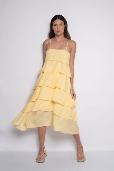 Vestido midi bordado com babados e alças amarelo - Bruna