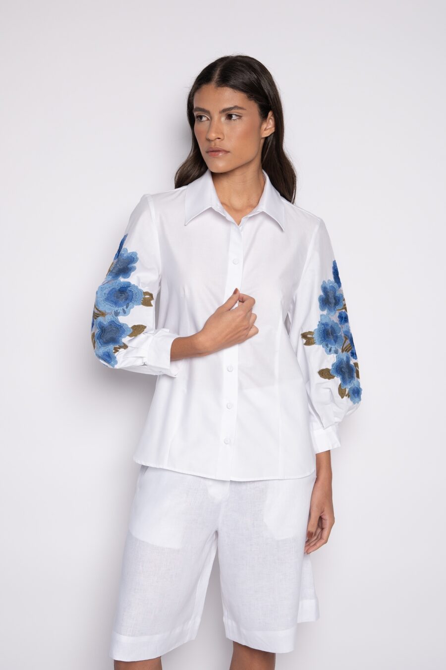Camisete bordada com mangas 7/8 branca/azul - Carolina - Imagem 5