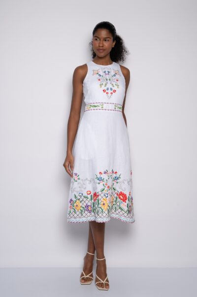 Vestido midi em linho com bordado mini florais branco - Cassandra
