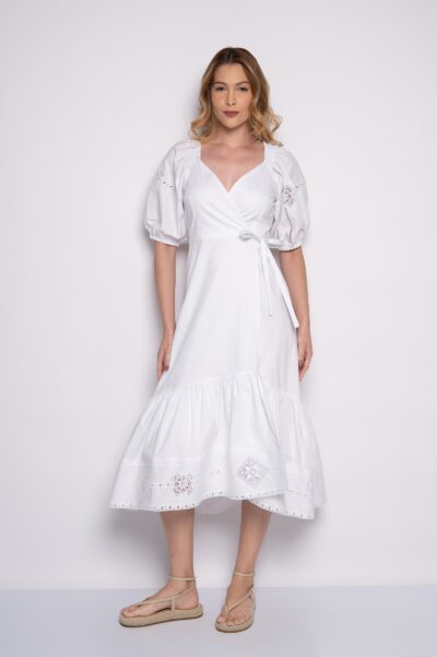 Vestido transpassado com manga curta bufante branco - Daniela